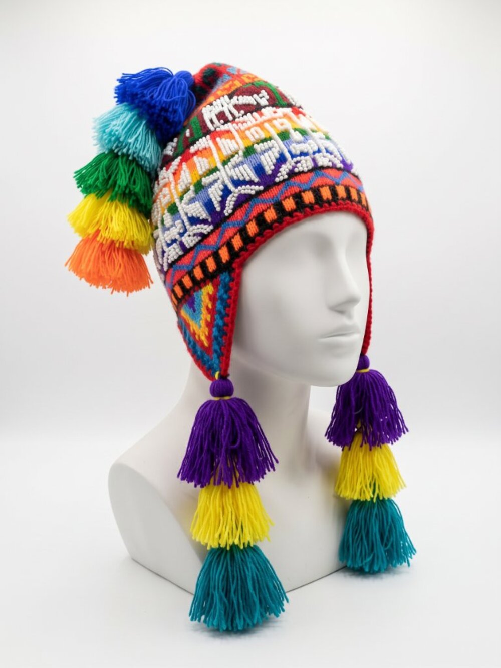 Traditional Hand-Knitted Chullo Beanie with Beads โ Warm Winter Hat